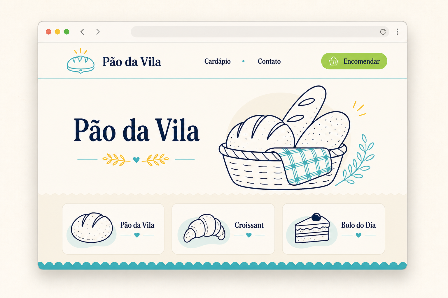 Mockup inédito de um site de padaria pronto para publicar