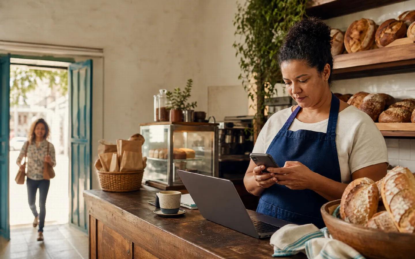 Dona de uma padaria usando celular e notebook enquanto recebe uma cliente